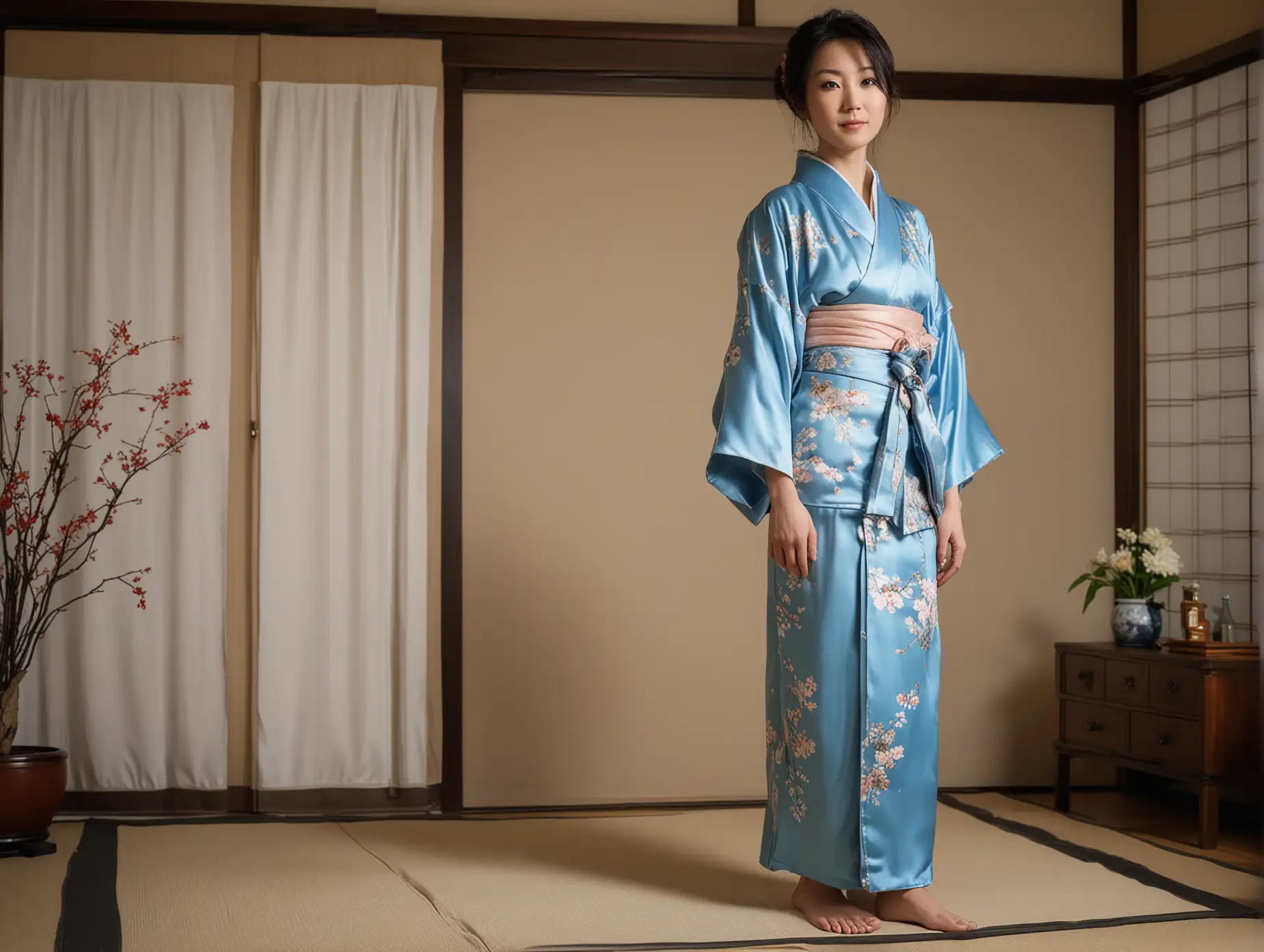 Produce a high detail photo depicting a single woman from Japan, aged 39, wearing a beautiful ankle length sky blue silk kimono, stood on floor in traditional Japanese style bedroom. Maintain a distance of 5 m to 10 m between the subject and the camera equipment. Utilize a Sigma 85mm f/1.4, 35mm, Sony A7 IV. Employ single-point autofocus (AF-S) and Auto White Balance (AWB) for ease. Ensure the camera is set to shoot in RAW format. Formatted in 16:9 widescreen. Consider center-weighted or spot metering. Account for ambient light conditions and adjust camera settings accordingly for optimal results.
