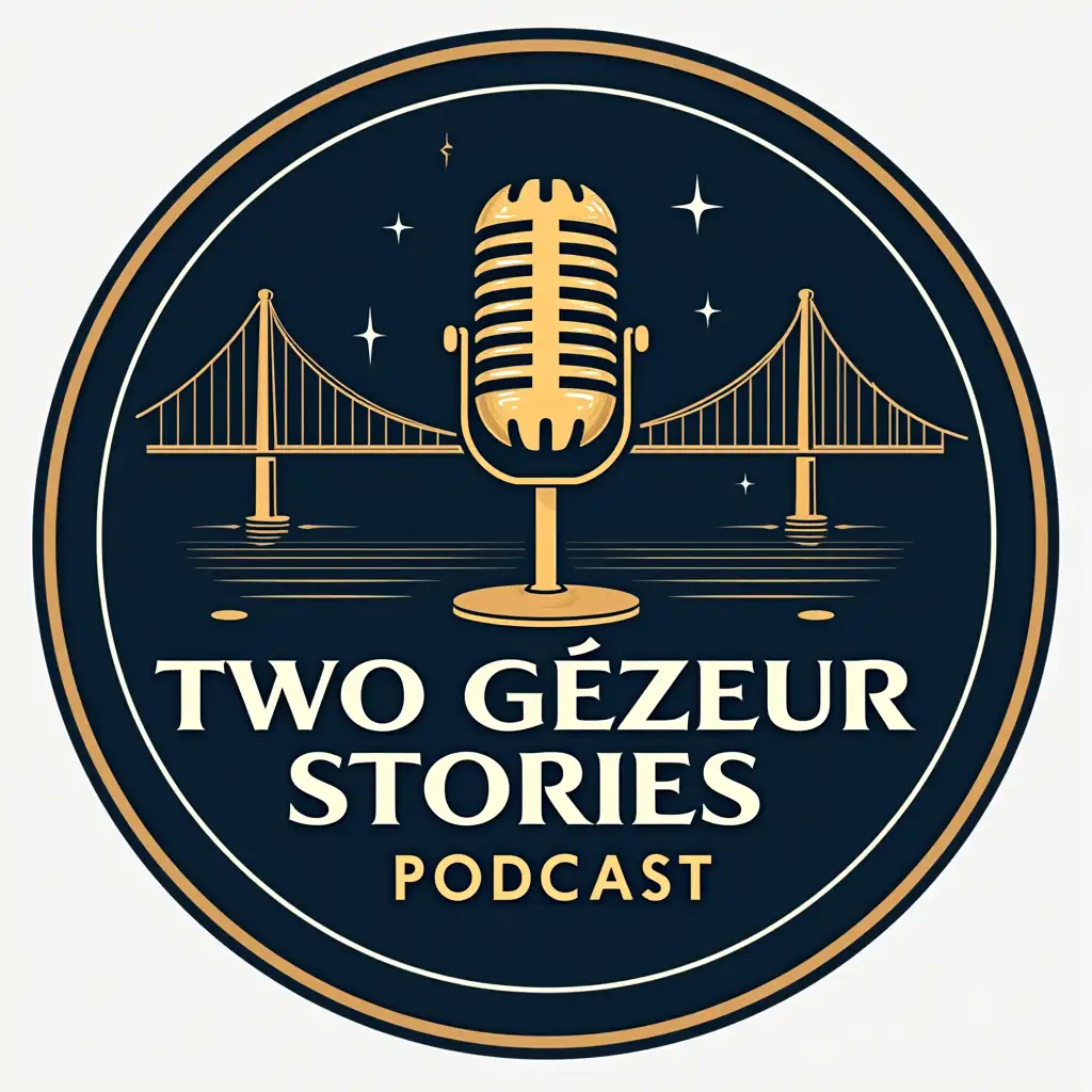 Create an elegant and modern logo for a podcast titled 'TWO GÉZEUR STORIES PODCAST'. The design should include a circle with a golden effect and a vintage microphone in the center. There should be a stylized bridge in the background, with lines underneath to mimic a reflection on water. The text should be in capital letters with a refined and modern typography. The main colors should be navy blue and gold, with a subtle 3D effect to give depth. Add small stars or graphic details for a premium look