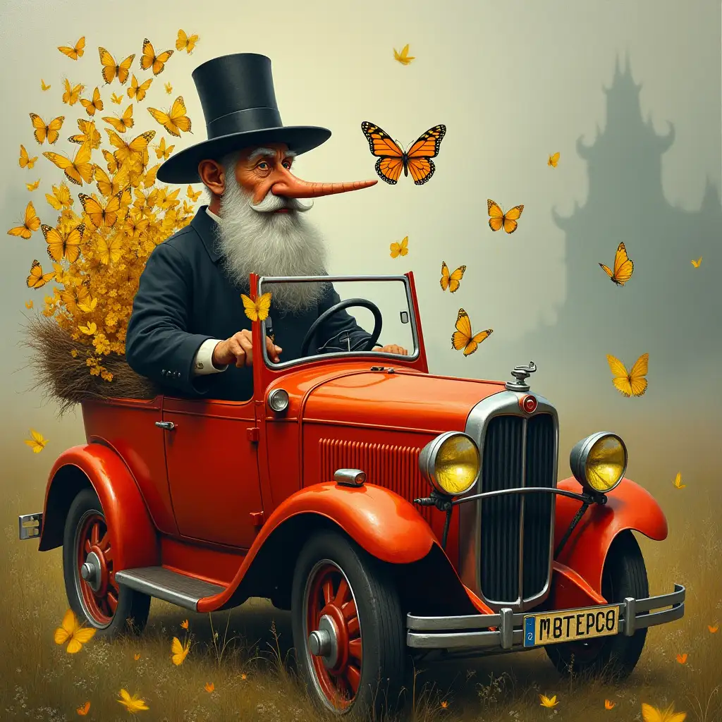 Old-Priest-Driving-Red-Car-with-Yellow-Butterflies-in-Foggy-Weather