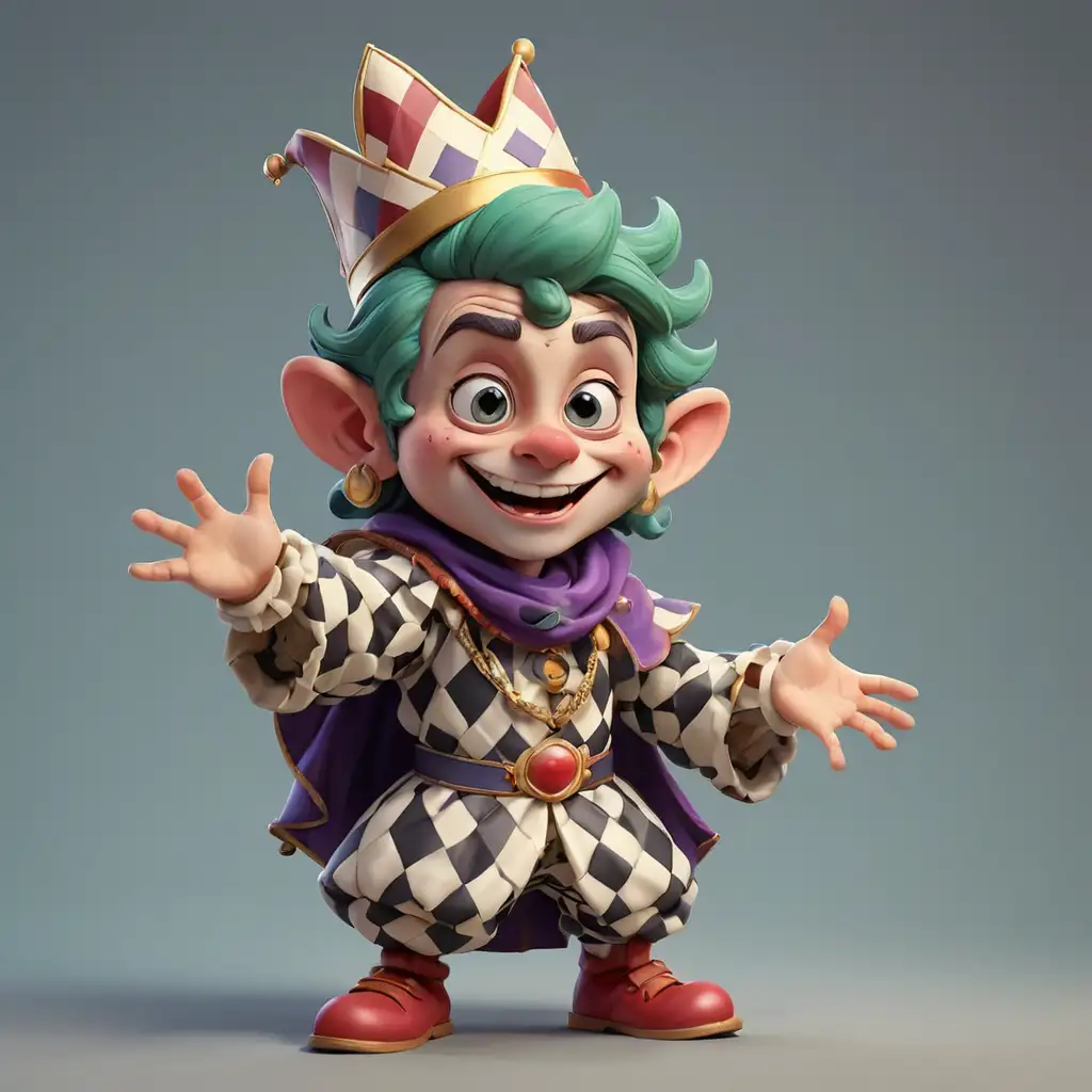 The royal jester,  Dressed as a checkered buffoon with a royal mantle, waving his hand, posing like a rockstar, whole body, 3D modern cartoon style, chibi