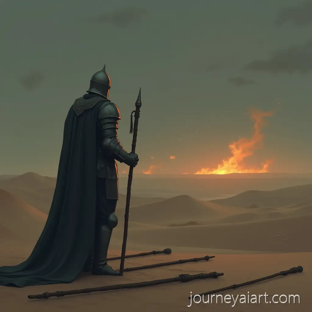 Knight-in-desert-contemplationContemplative-Knight-in-Desert-with-Broken-Staffs-and-Fading-Twilight