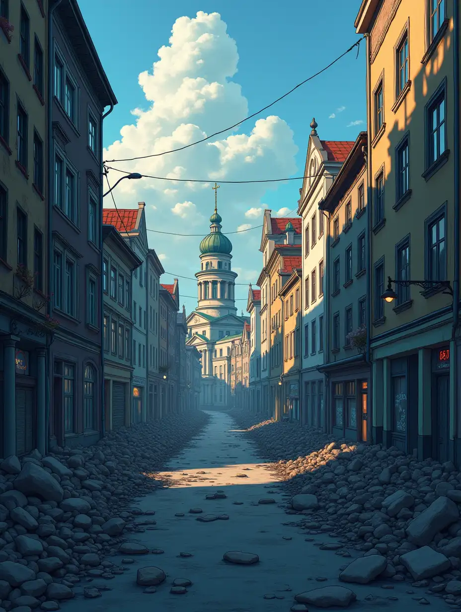 Daytime ruined St. Petersburg, anime drawing style, 8K