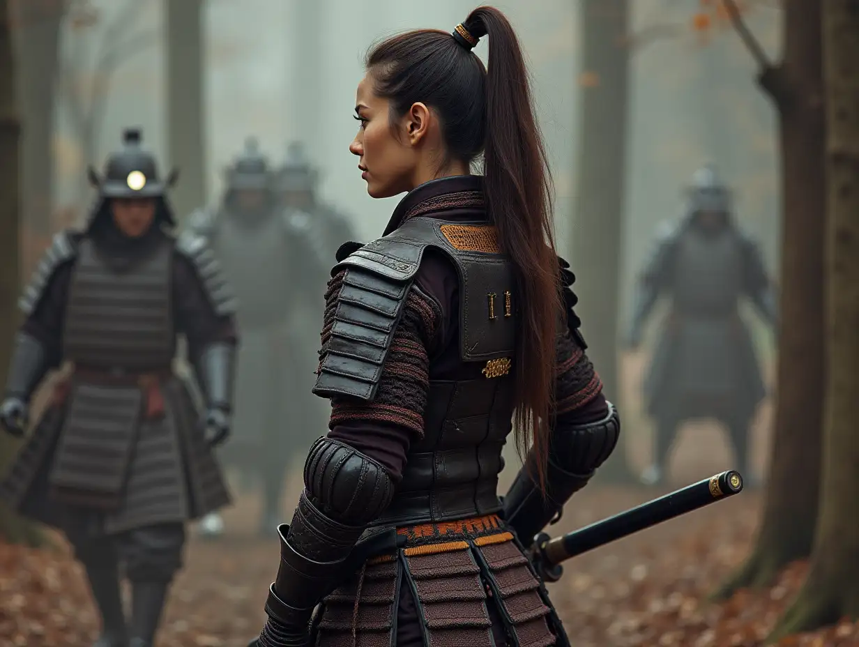 ponytail, 3/4 view, Realistic photo, Samurai Woman, Holding Katana, full armor, war zone