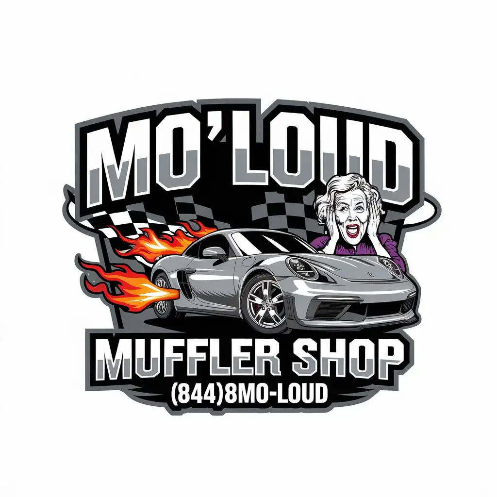 LOGO Design for Mo Loud Muffler Shop Sports Car with Flames and Mad Lady Theme