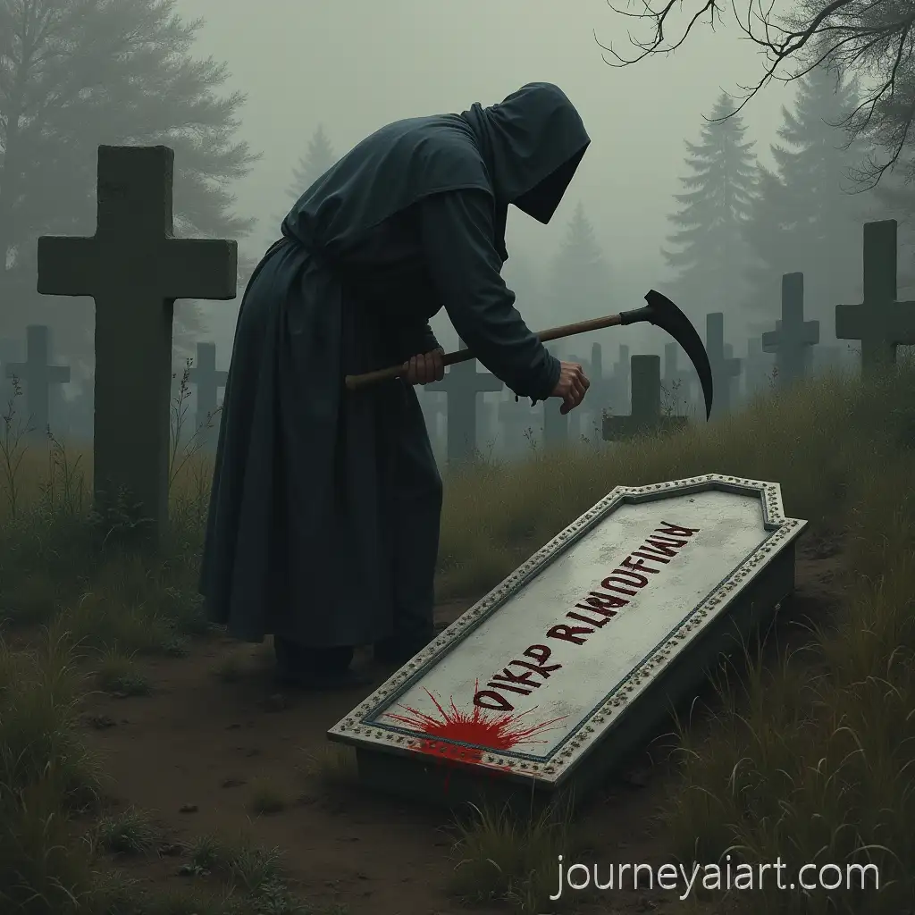 AI-Art-Prompt-ExpansionMysterious-Figure-in-a-Cemetery-with-a-Sickle-and-BloodStained-Coffin