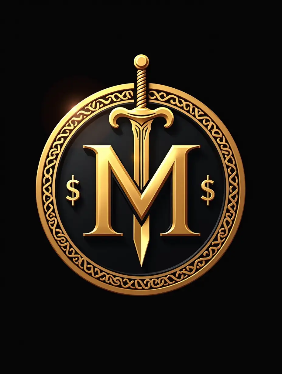 A luxurious and strong token-like logo design with the text M like m below the letter v, with a dollar sign replacing the letter T, and a sword integrated into the design. The logo is round and features a golden color scheme with intricate golden rings. The text is legible and harmoniously integrated with the sword and dollar sign elements. The logo evokes a feeling of prestige and value.