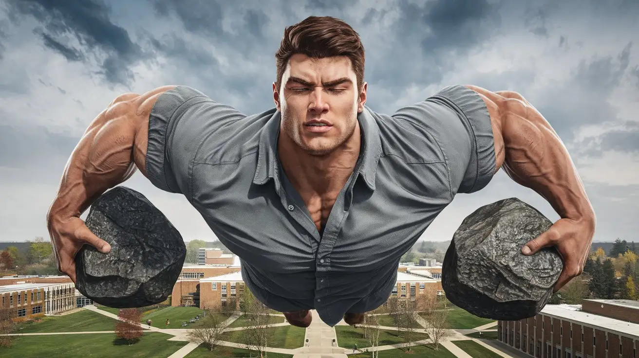 A Herculean 20-year-old bodybuilder flies through the sky over a college campus. He possesses awesome powers. Confident determination. Photorealistic.
