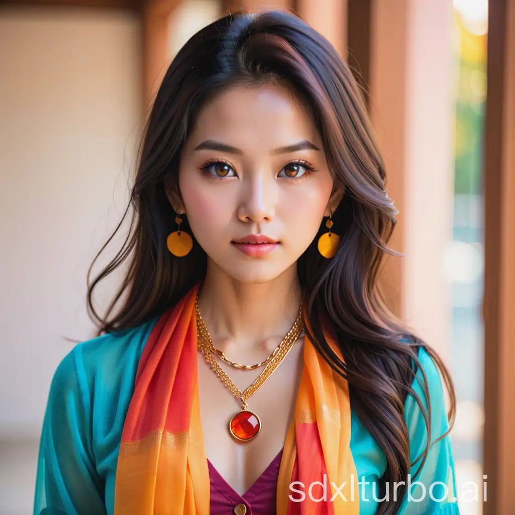 Stunning-Asian-Woman-in-Red-Shirt-with-Gold-Necklace