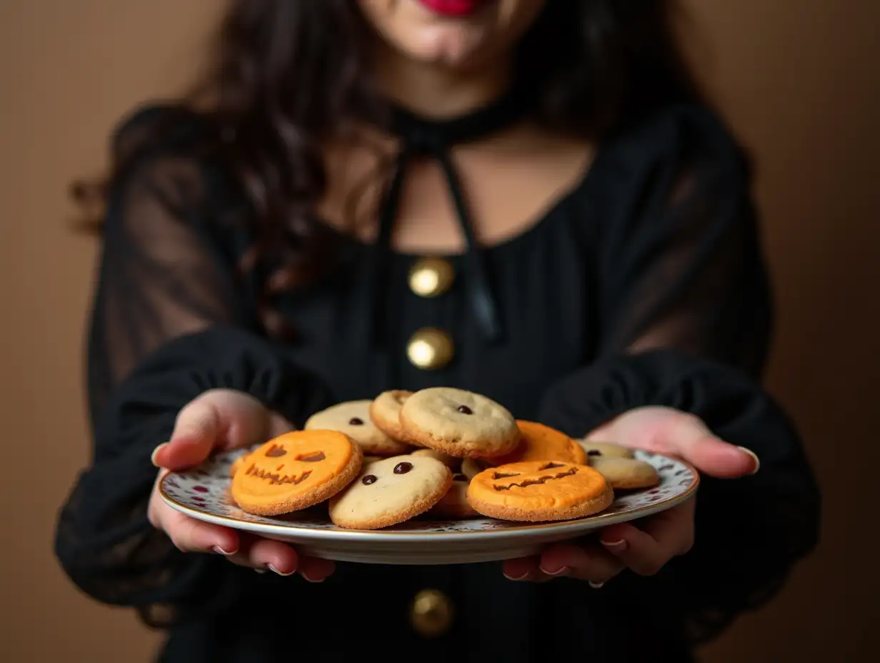 a woman in a witch costume holds a plate with halloween cookies,