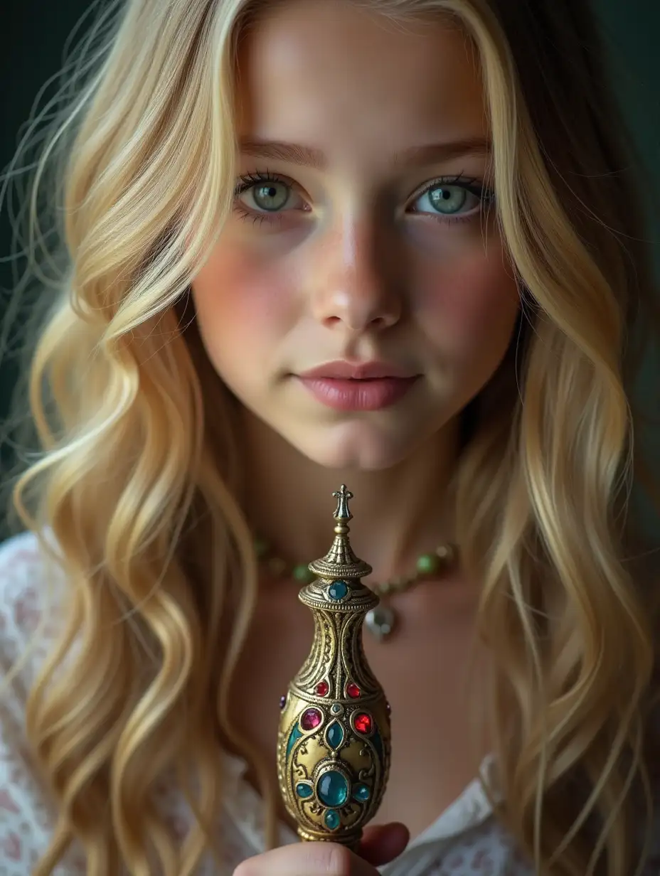 a beautiful blonde girl is holding an elegant magical stick, adorned with carvings and gemstones, close-up