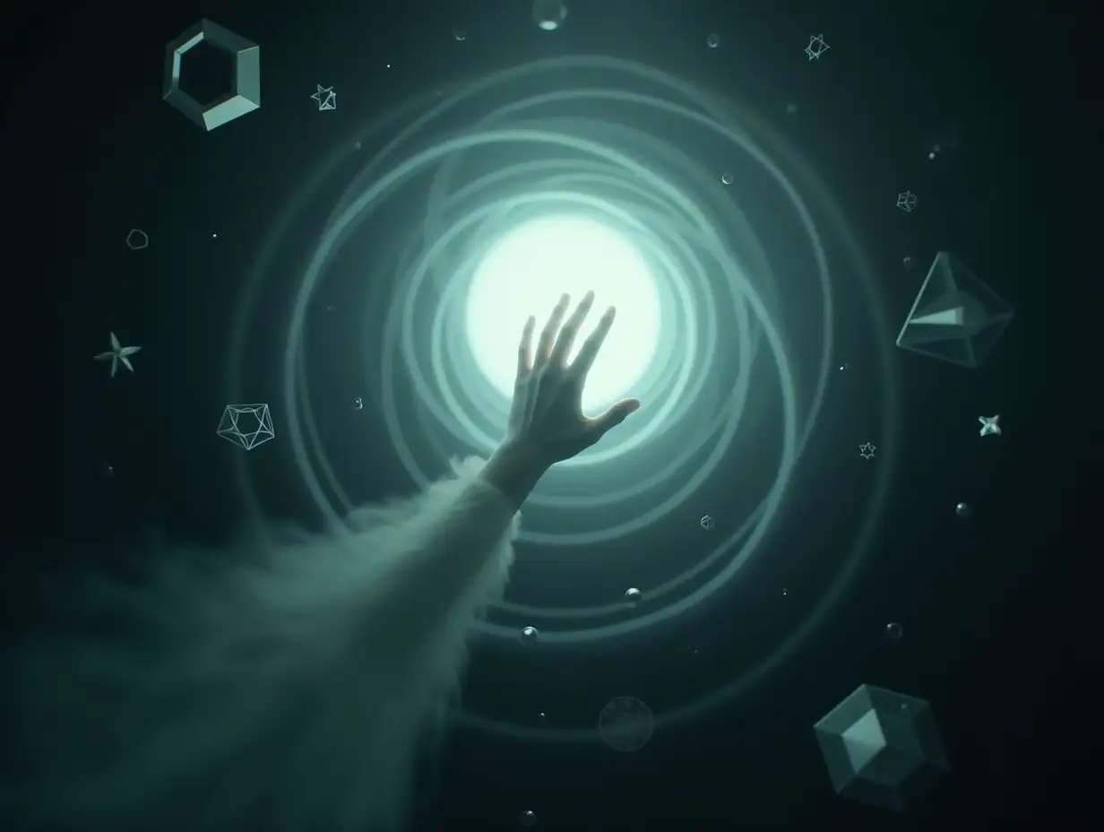 A ghostly hand reaching out towards a sphere of vibrating sound energy, surrounded by floating geometric shapes and arcane symbols, super realistic, 8k movie scene, perfect details.