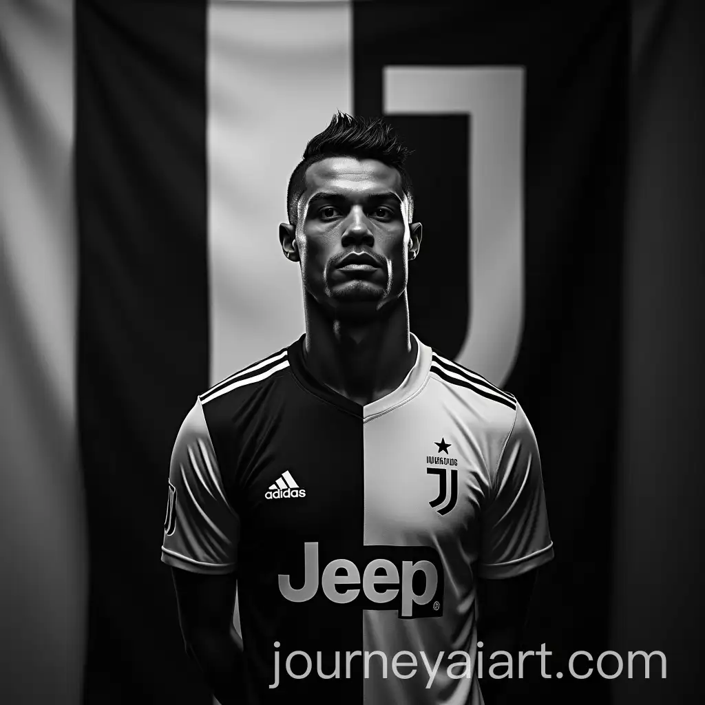Cristiano-Ronaldo-Posing-in-Juventus-Jersey-Against-Black-and-White-Flag