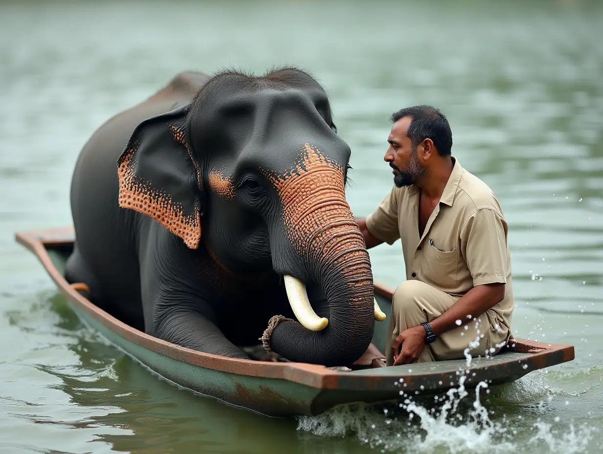 The minister in a small boat with the elephant, water splashing, he’s marking the water level on the boat’s side, tension visible on his face.