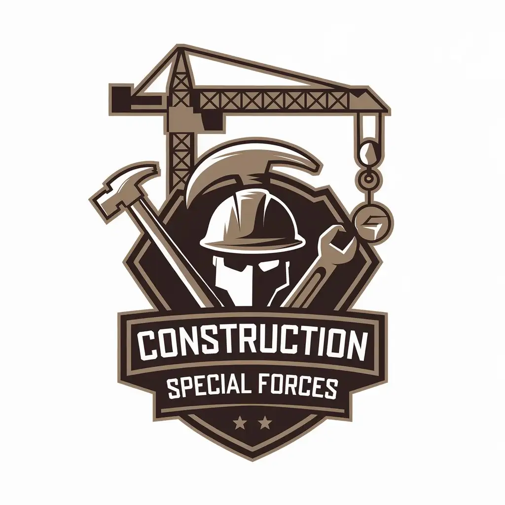 LOGO-Design-for-Construction-Special-Forces-Industrial-Strength-with-Crane-Hammer-Helmet-and-Wrench