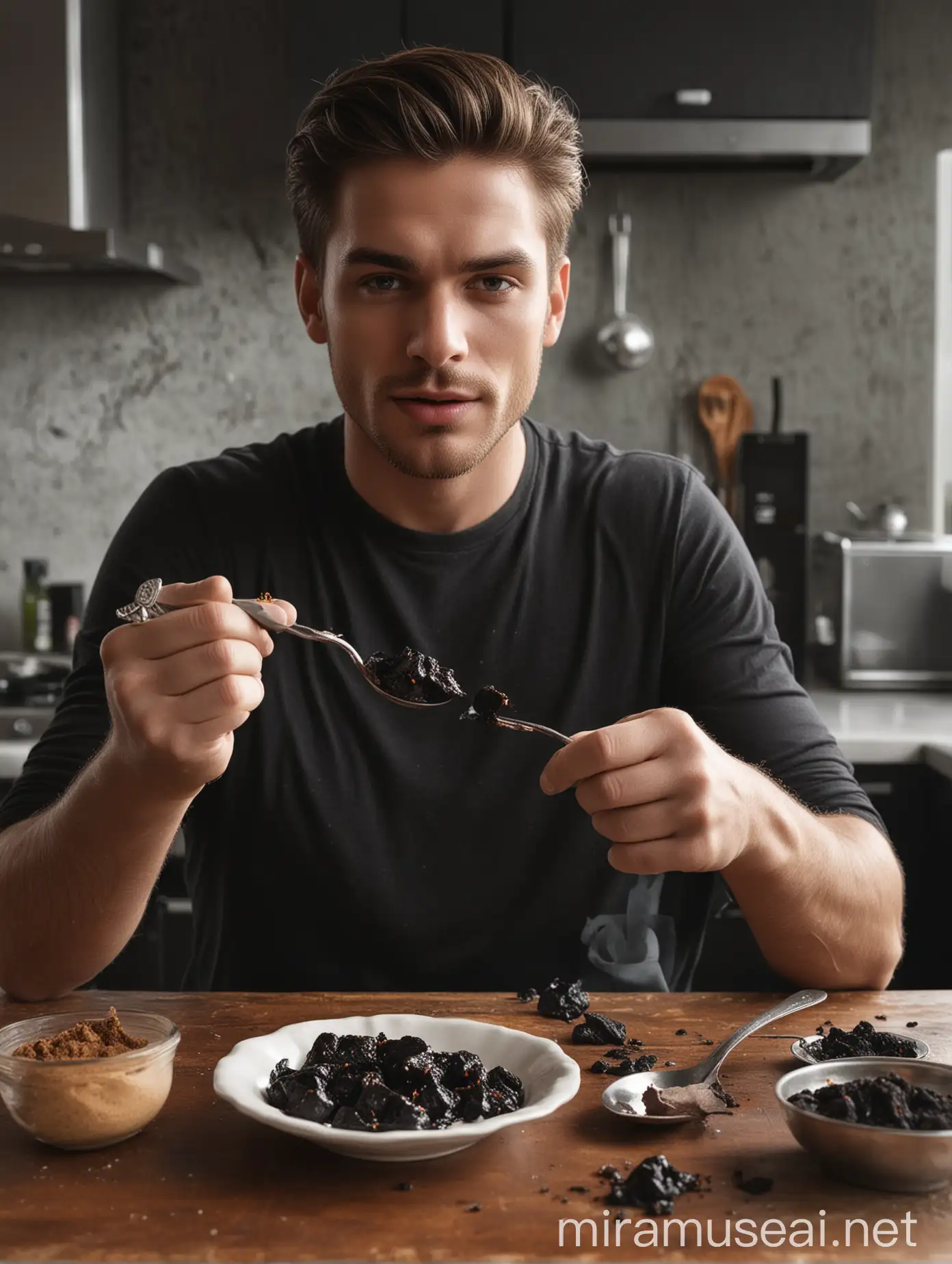 Attractive Man Eating Spoonful of Shilajit in Kitchen