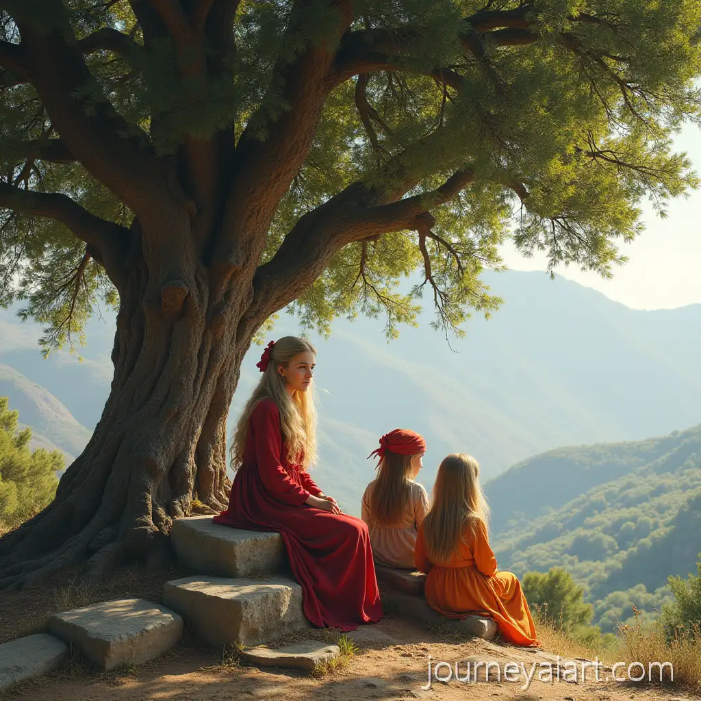 Young-girls-in-mountainsYoung-Girls-Relaxing-Under-a-Tree-in-the-Syrian-Coastal-Mountains-Near-a-Shrine