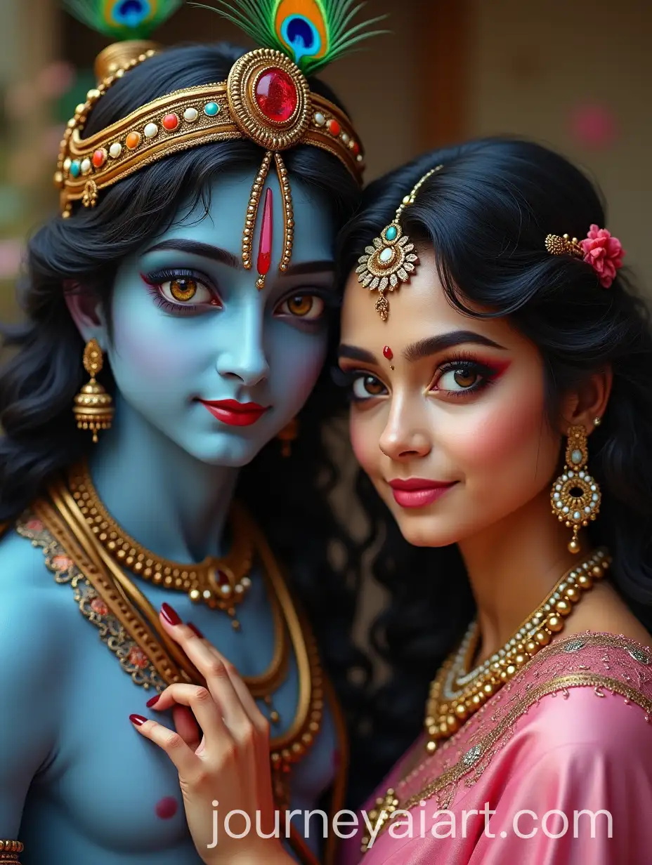 Radha-and-Krishna-in-Divine-Gaze-with-Flute-and-Peacock-Feather