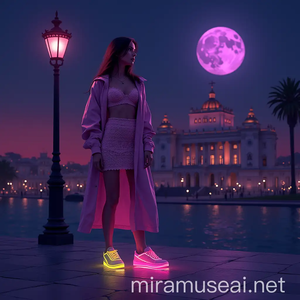 3d 8k minimal realstic illustrator minimal woman beside the palace in Italy in stunning wearing amazing digital Nano light stunning crochet dress with digital Nano light and purple moon with highlight at the midnight 3D 8k minimal illustrator minimal women fairytale sitting on the cornor of the california huge and high building with her light pink digitallight stunning dress nice breast light in the midnight with her yellow digital light suite with her longest hair and beautiful face watching the amazing sunset cinematic reflection Aivision, strong neon colors, full body of beautiful young women with dramatic expression, prety blue eyes , full red lips, brown hair, She wears blouse ,Mini skirt, coat with amazing sneakers in neon colors,full body . Modern cloth. she stands in the street anxiously , dark winter environment and gloomy, image realistic, realistic facial features, Fairy Tail, Extremely detailed , intricate , beautiful , fantastic view , elegant , crispy quality Federico Bebber's expressive, full body, Coordinated colours, night