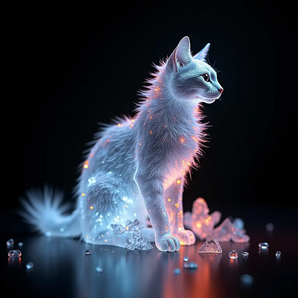 A cat made of very transparent crystal (with emphasis on the lush fur and sharp crystalline edges), refracting extremely bright and colorful rays on a black background. Science fiction photorealistic style.