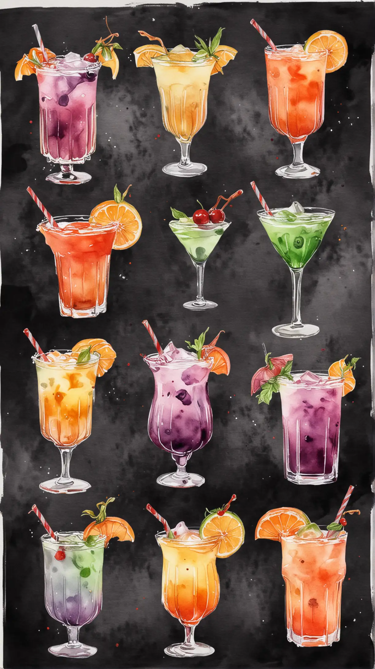 Colorful Watercolor Halloween Cocktails on Dark Background