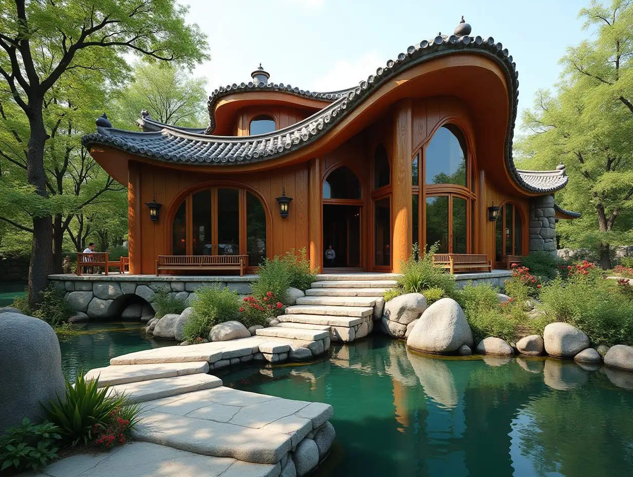 crooked house with people,pond in the garden  planting,modern wood carving in the form of,large windows with glass to,round smooth window shapes, winding double entrance stairs made of ceramics complex curved roof with pond ,lanterns,bench apple tree 4K resolution colorful superwide angle shots