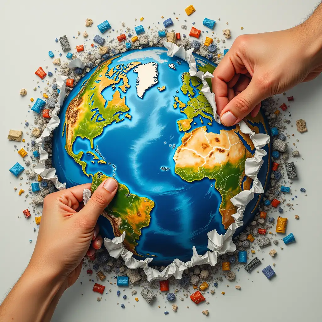 A visually striking, mixed-style artwork illustrating two expressive human hands peeling back a torn sheet of plastic waste from the surface of Earth...