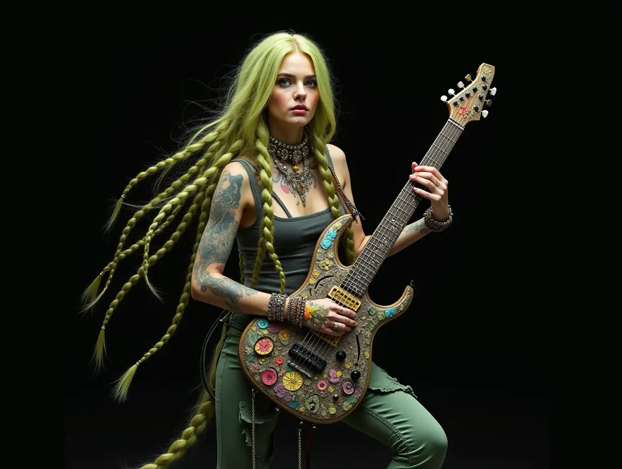 Depiction of a beautiful white woman with -tattoo, long mixed green-yellow braided hair and laced boots, holding an electric guitar with intricately detailed, colorful and futuristic jewelry. Black background blurred 120-mm shot