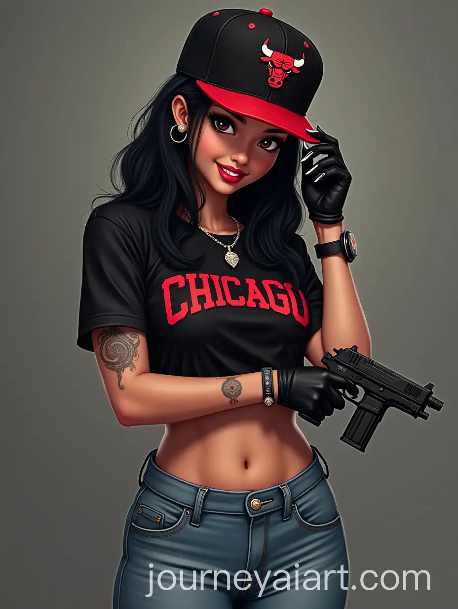 Young-Woman-in-Chicago-Bulls-Gear-with-Strong-Physique-and-Bold-Accessories