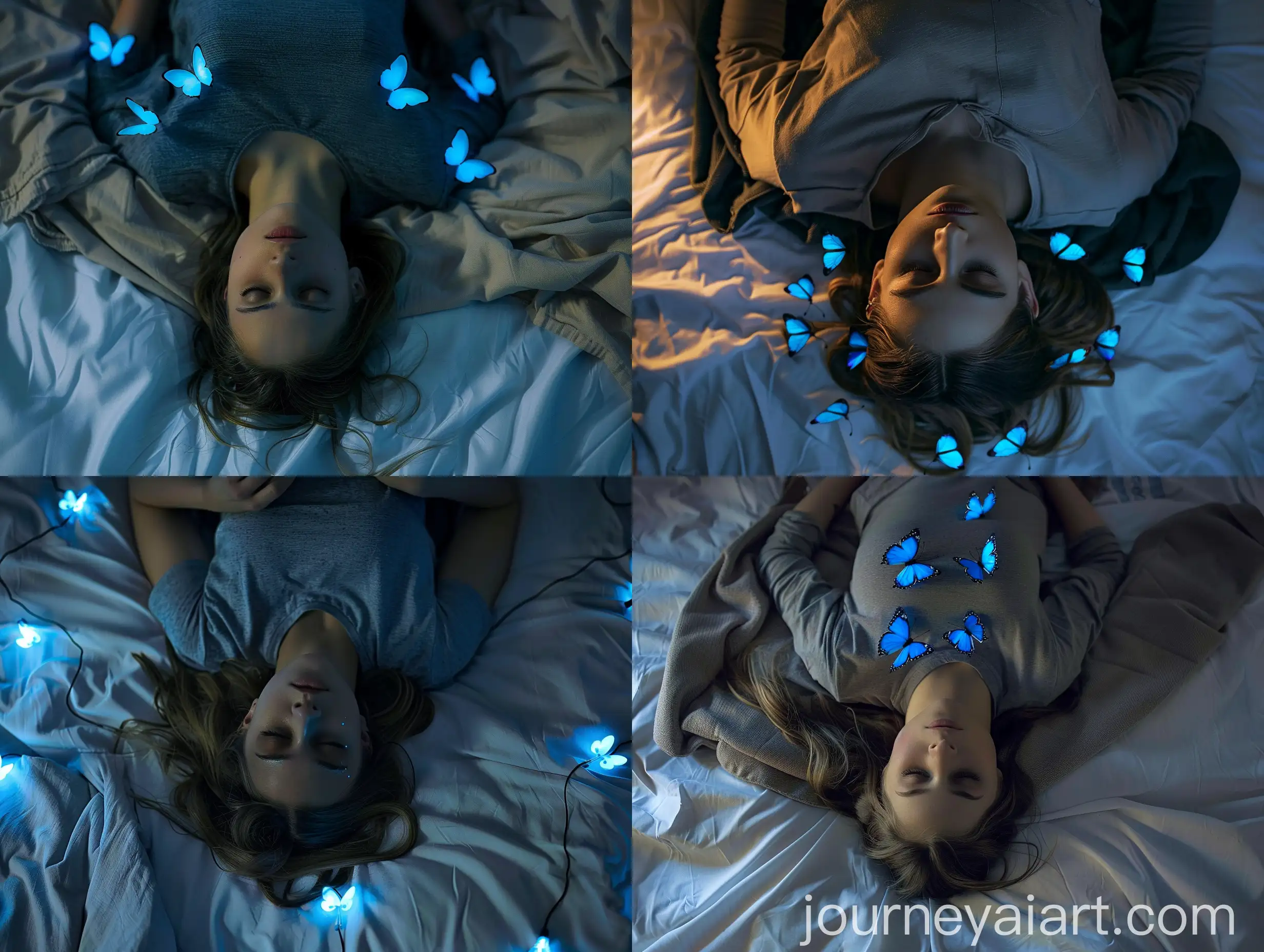 Girl-with-Glowing-Blue-Butterflies-in-Bed