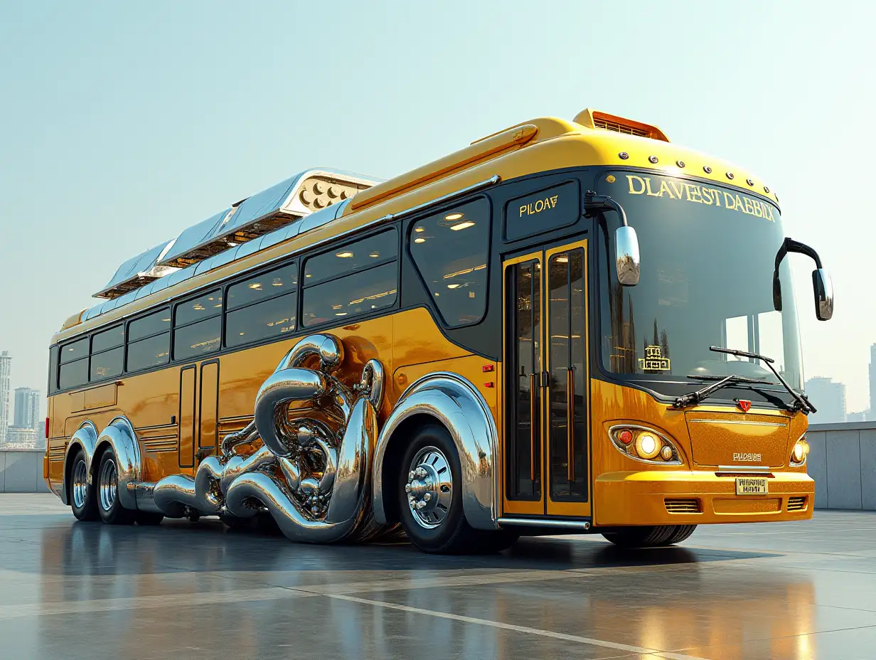 A super modern bus with a ten-story high gold and silver building with chrome wheels Cyberpunk