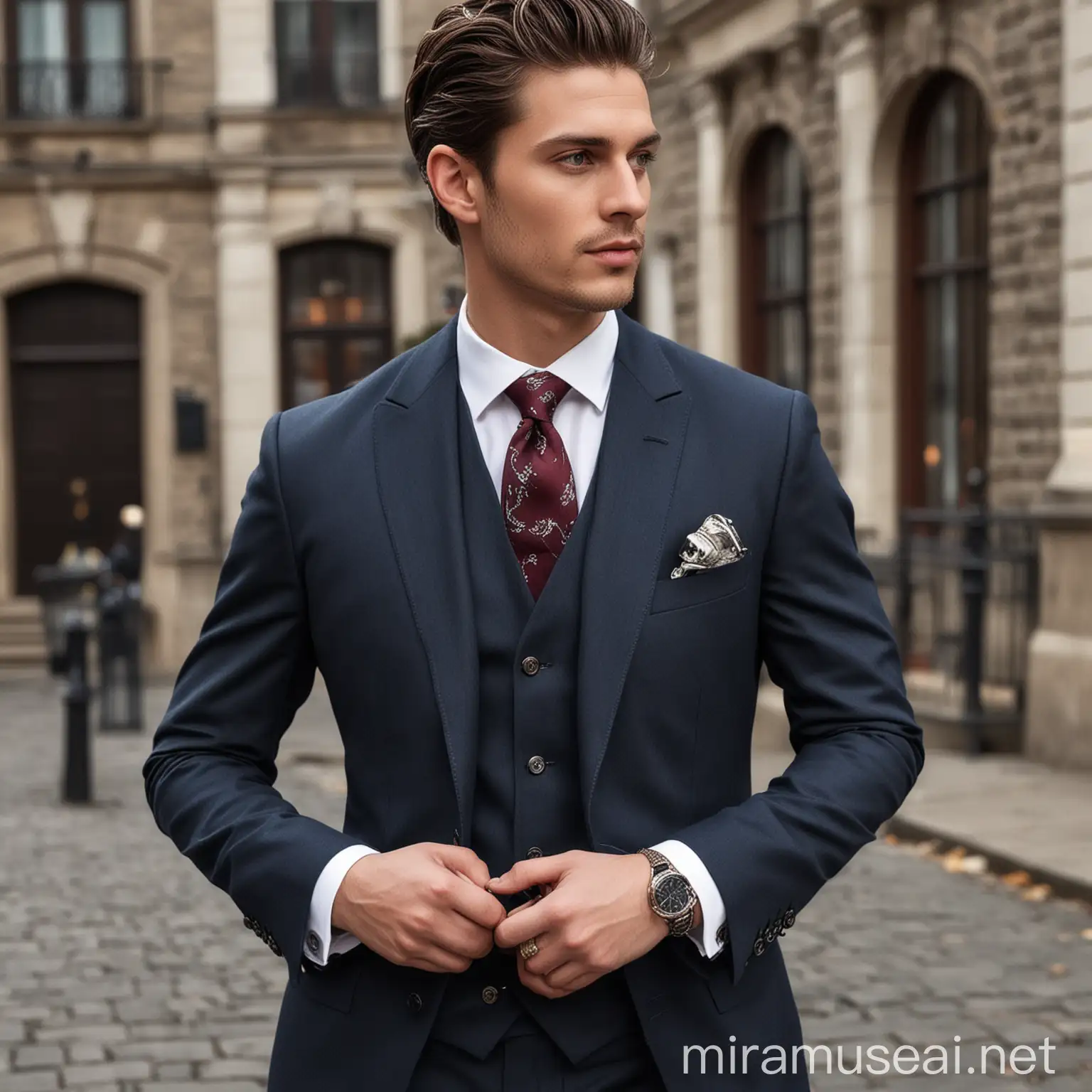 Sophisticated Character in Navy Blue ThreePiece Suit with Elegant Accessories