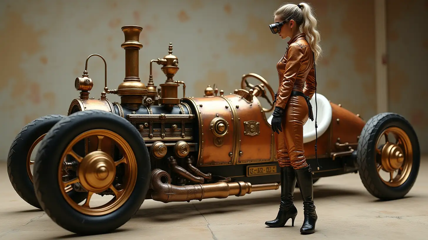 Young Steampunk Woman Admiring a Fast Copper and Brass Car