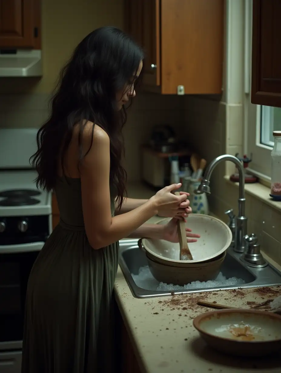 Young-Woman-Washing-Dishes-in-a-Messy-Kitchen-at-Night