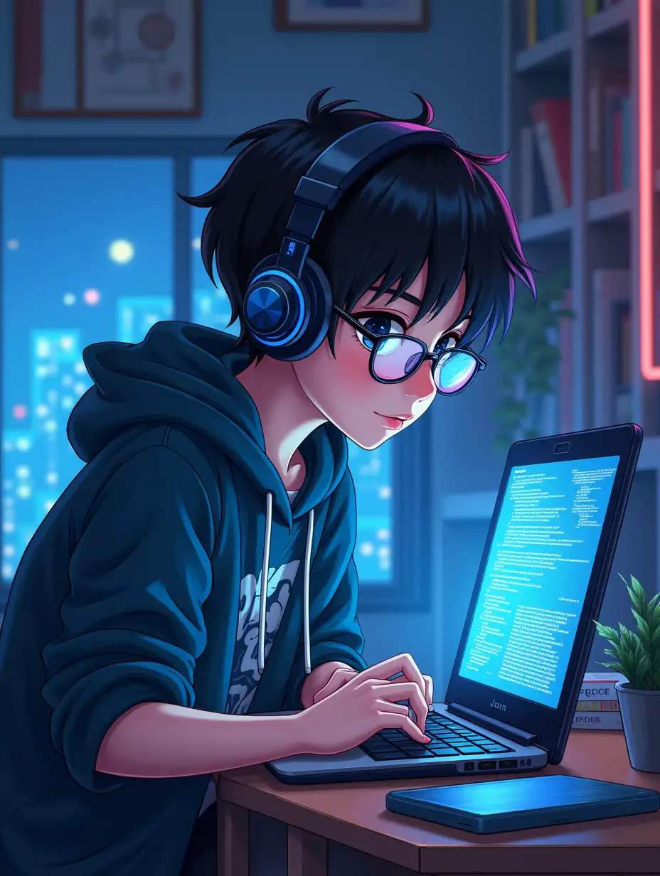 A captivating anime-style illustration of a young boy wear glasses, immersed in coding on his laptop, wearing stylish headphones and a casual outfit. Her laptop screen displays lines of code and a background of a futuristic cityscape. The room is adorned with shelves of books and manga, creating an atmosphere of knowledge and passion for technology.