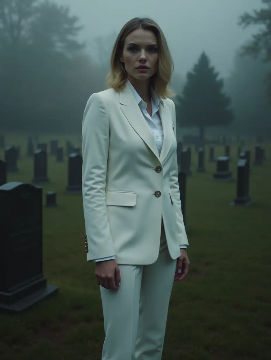 Teagan-Croft-in-AllWhite-Sharp-Tailored-Suit-in-a-Foggy-Graveyard-Setting