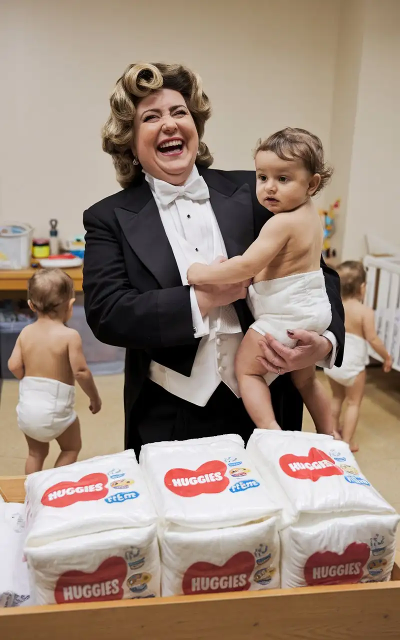 Sweet beautiful middle-aged laughing busty fat obese body type with large wide hips Caucasian white female woman, with short dark blonde tight curly 1980s hair with curly bangs, wearing a very formal orchestra concert tuxedo with black long sleeve high cut cropped Eton jacket, white cropped tuxedo shirt, with tight very high standing wingtip collar, and many thick vertical pleats front, black diamond point bow tie with black very thick very wide adjustable neckband, black cummerbund, black tight high-cut spandex brief, nylons, looking at viewer while holding an older toddlers wearing white thick-padded disposable diapers, in a nursery with a changing table containing a large sized white with red and teal lettering plastic rounded package of Huggies FIT-EMS DIAPERS, with older toddlers walking around the nursery in white thick-padded disposable diapers front view.