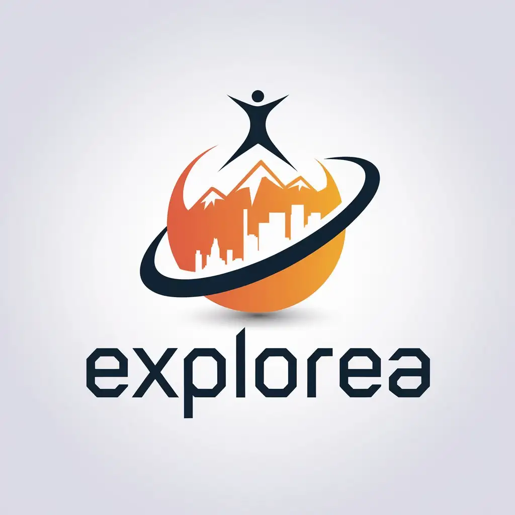 a vector logo design,with the text "Explorea", main symbol:create a 2D flat vector logo design for a company named "Explorea", we would like the clients to get a sense of: Adventure,World Travel, Serenity, Mountains,& Cityscape, white background,Moderate,clear background