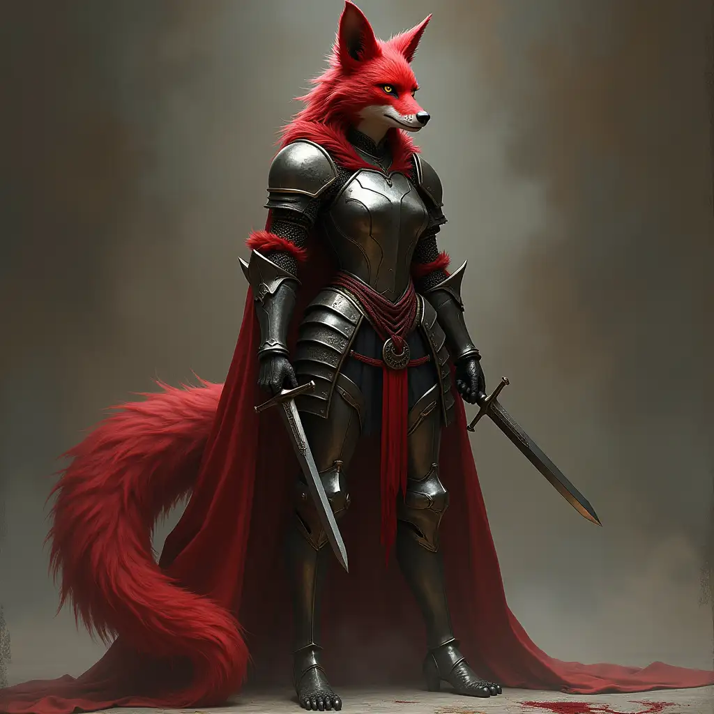 realistic red-furred-she-fox-knight-demon of female gender in medieval demonic gothic armor with two daggers in paws standing on the floor full height