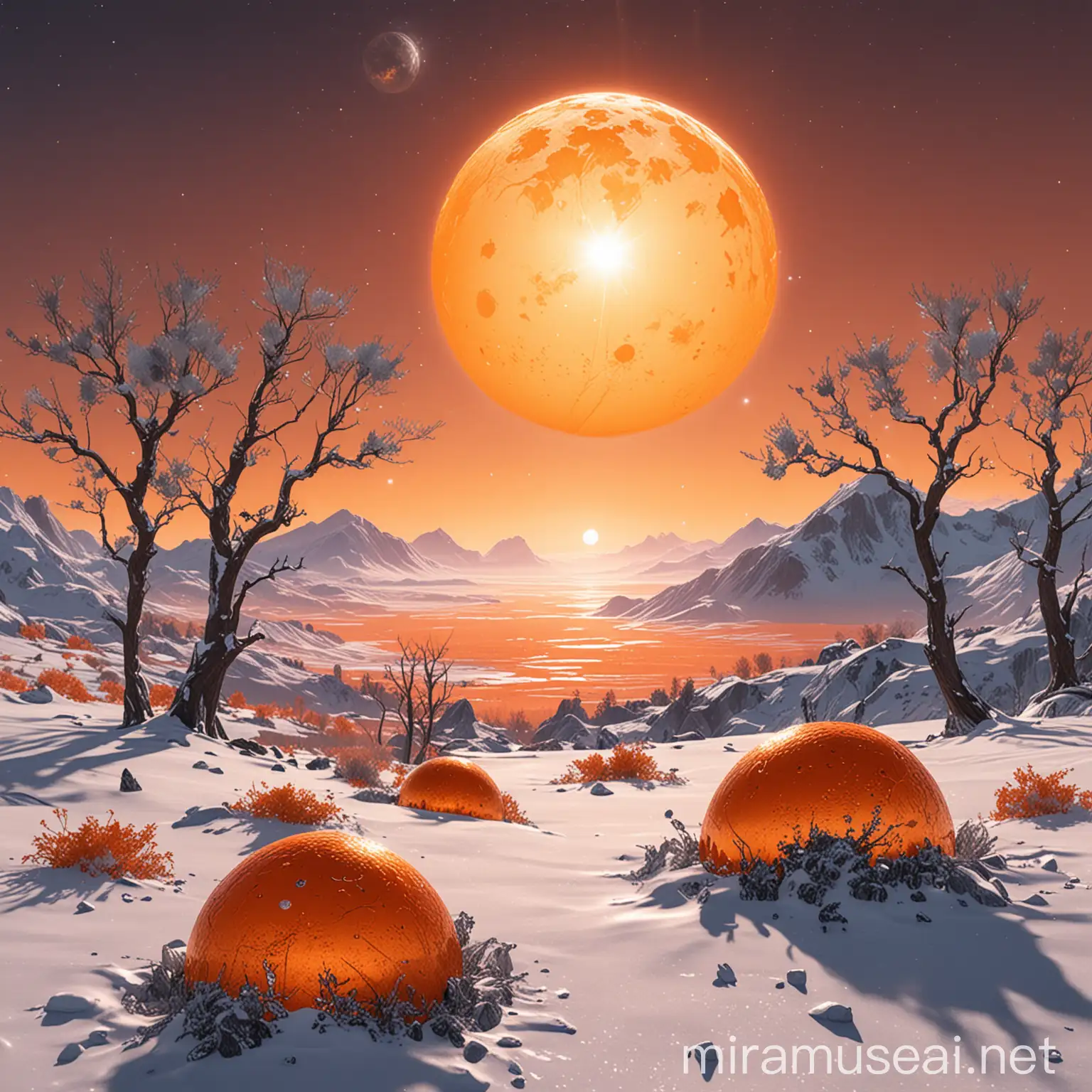 Orange Planet with Silver Leaf Trees and Dual Suns in Orange Skies