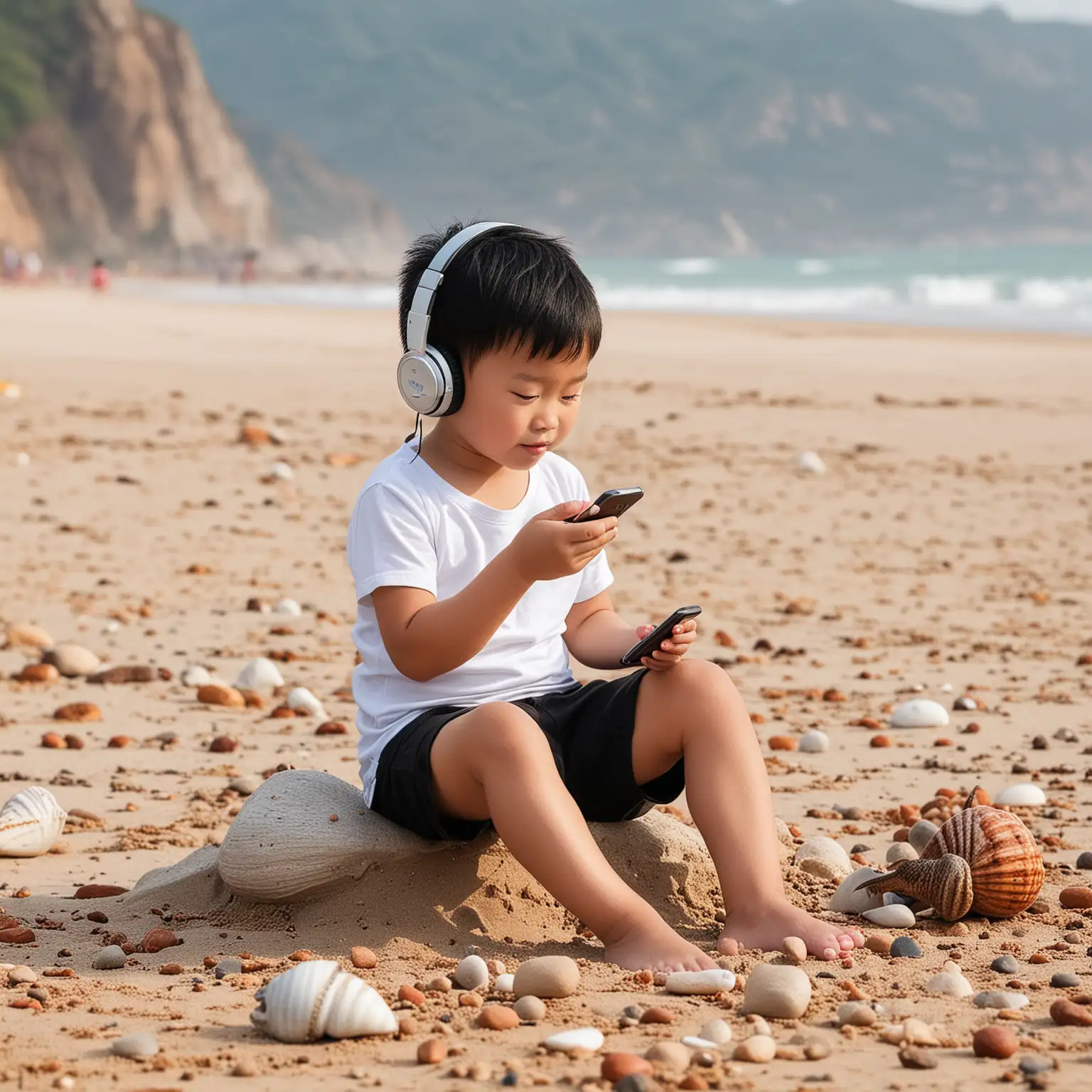 A Chinese little boy, black hair, red face part, with two hands holding a mobile phone looking at, wearing a white short-sleeved shirt, wearing black shorts, wearing headphones listening to music, sitting in a chair, sitting on the beach next to sandy beach, sandy soil, snail, shell, pebbles, clear sea surface, misty mountains, high quality, composition clear