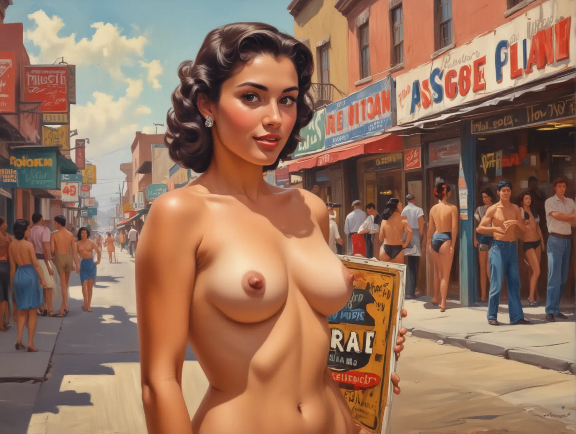 1950s-Portrait-Painting-of-Nude-Mexican-Woman-Holding-Store-Sign-on-Busy-Street