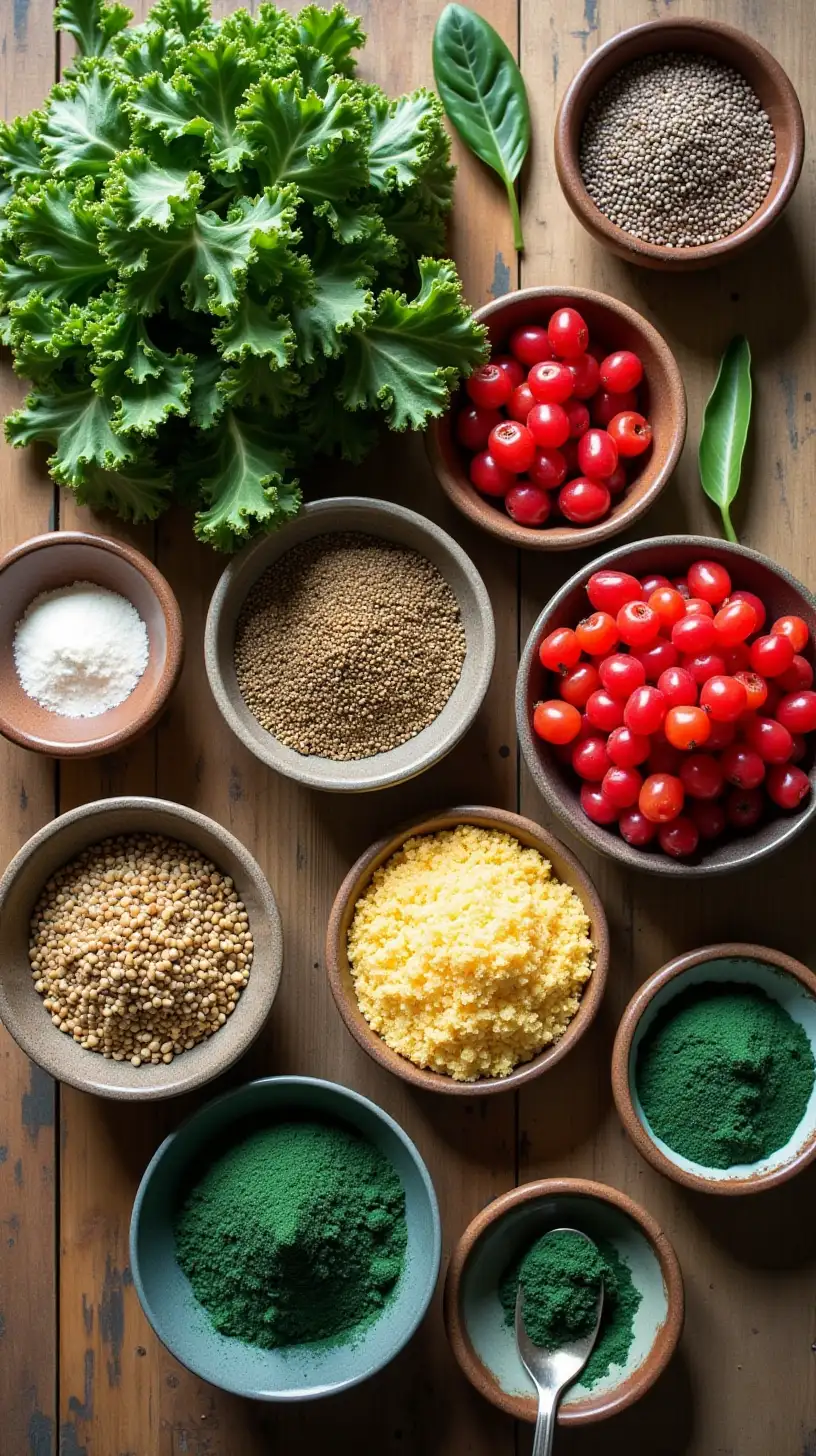 A vibrant flat lay of organic superfoods, including kale, chia seeds, goji berries, quinoa, and spirulina powder, arranged on a rustic wooden table with small bowls and utensils.