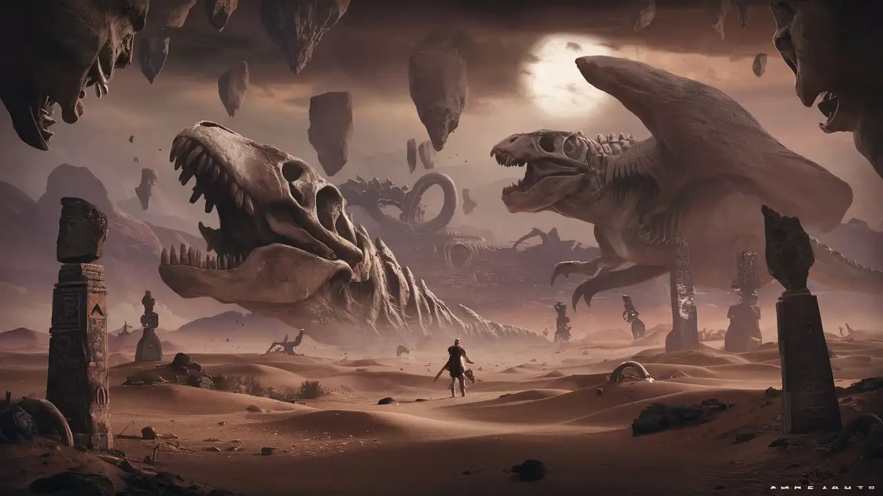 Stylized ARPG Video Game Cover Art Alien World Misty Desert with Dinosaur Skull Rock and Behemoth Alien Beast