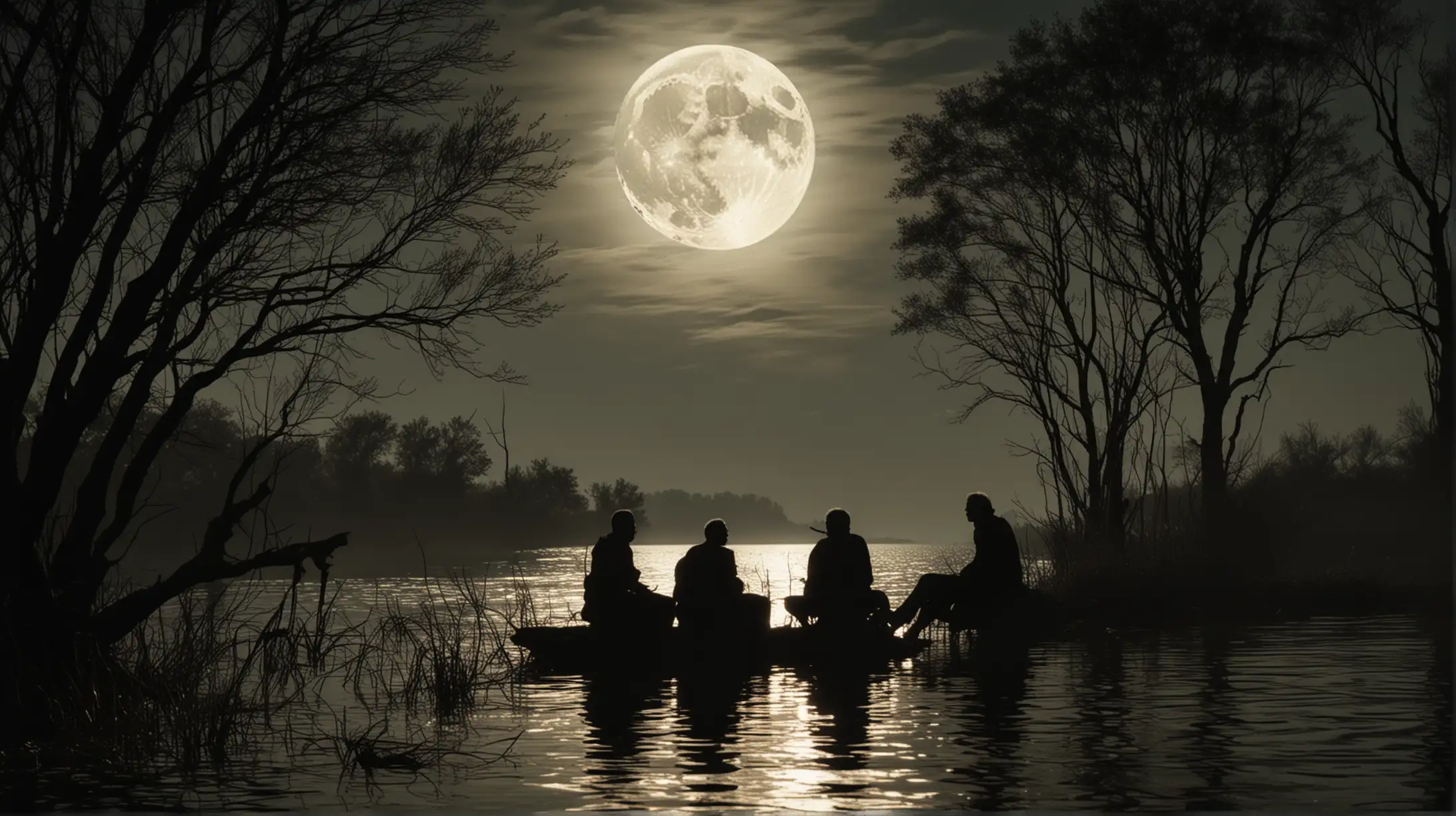 Silhouetted Men by Moonlit Lake with Whirlwind Biblical Era Scene