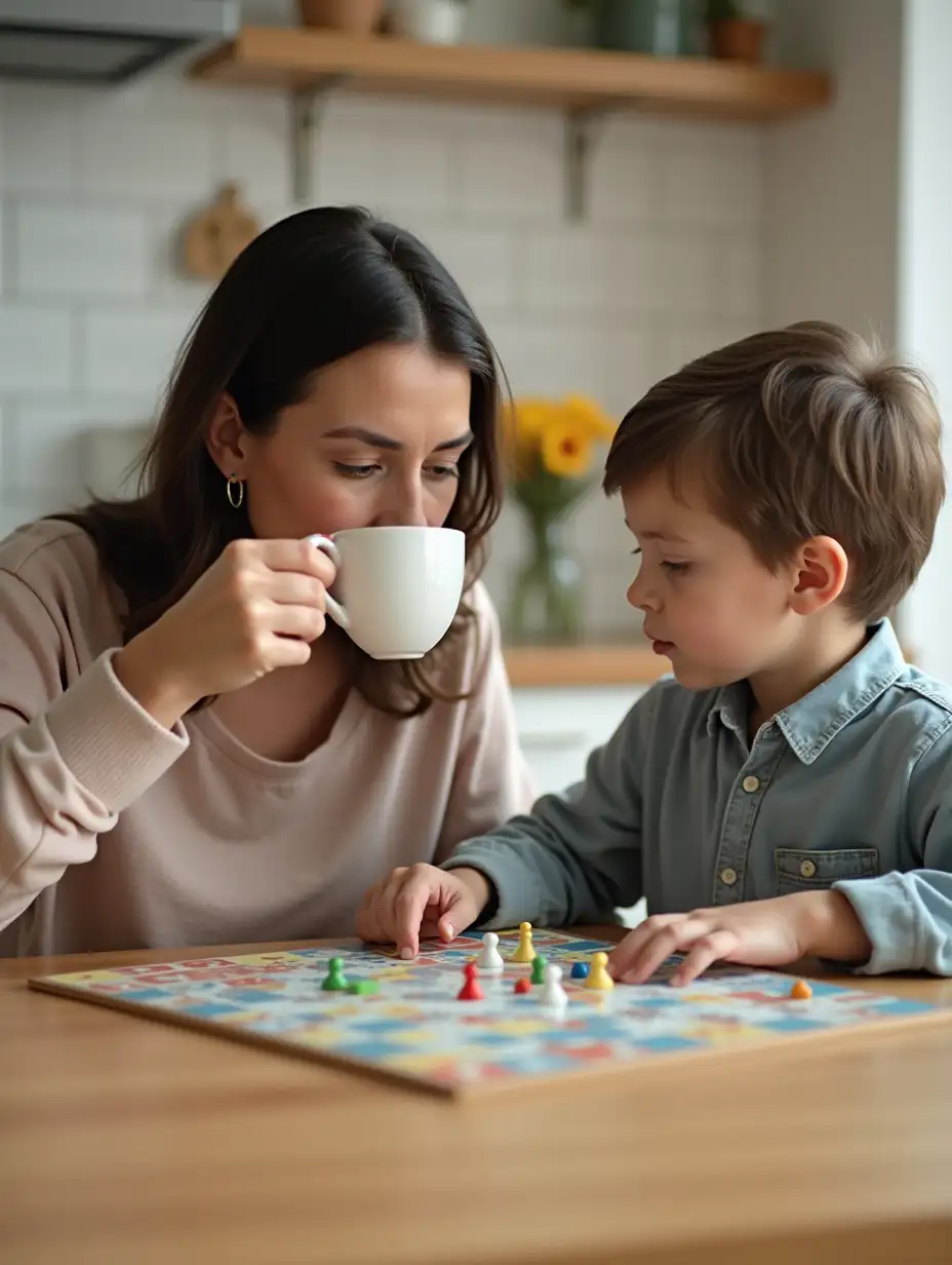 Mother and little boy playing a board game together in the morning at home at their kitchen table. The mother is drinking a cup of coffee while she plays the board game with her little boy. 