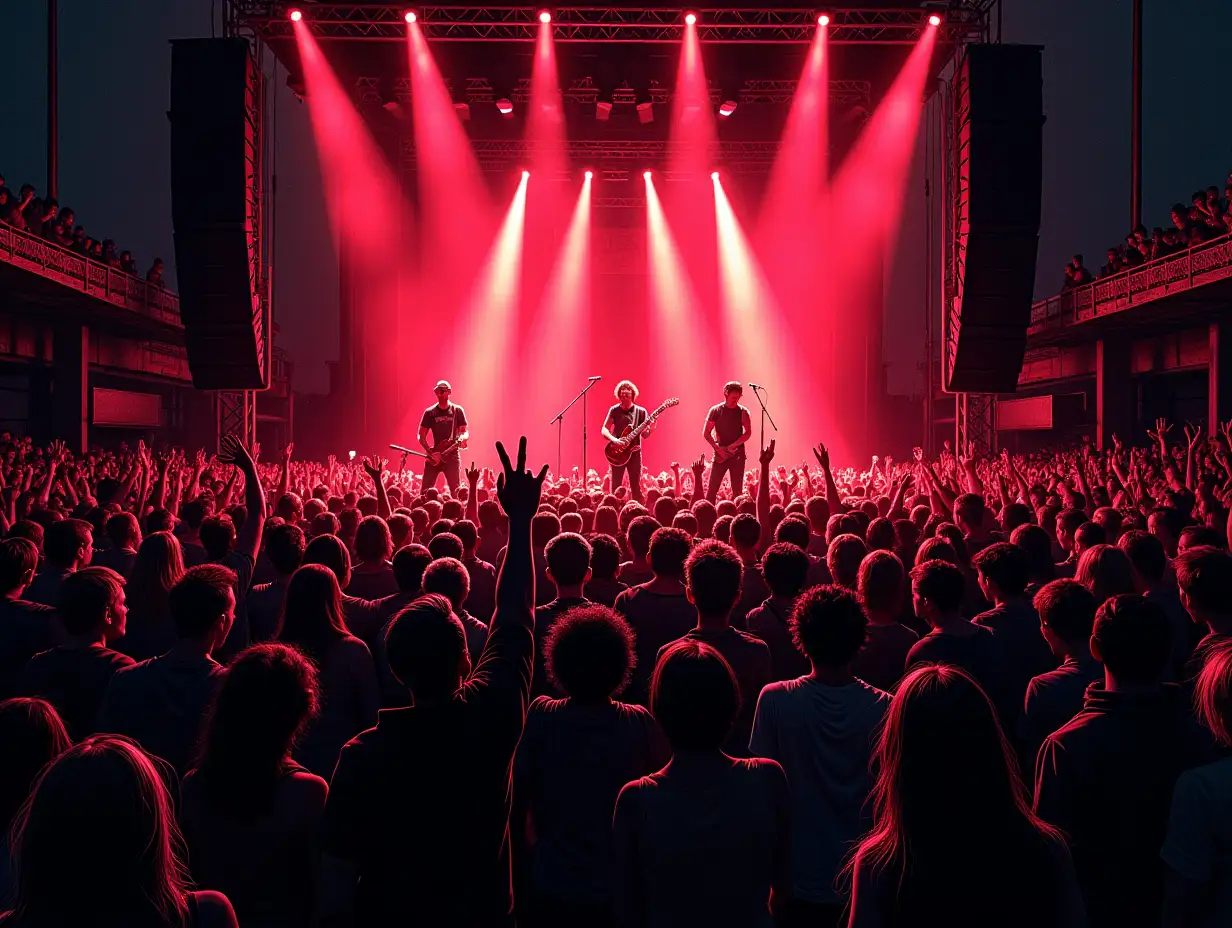 Elements: Bird's eye view. Punk concert. A few thousand excited spectators in the front. Four musicians on stage in the distance. nColor palette: Use bright and contrasting colors typical of punk aesthetics, possibly with elements of black and red.nStyle: Drawn image, possibly with rough lines and bright accents to emphasize the punk atmosphere.