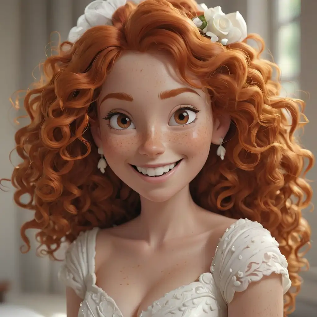 Sweet-Woman-in-White-Wedding-Dress-with-Red-Ginger-Curly-Hair-and-Freckles-Smiling-in-Pixar-3D-Style