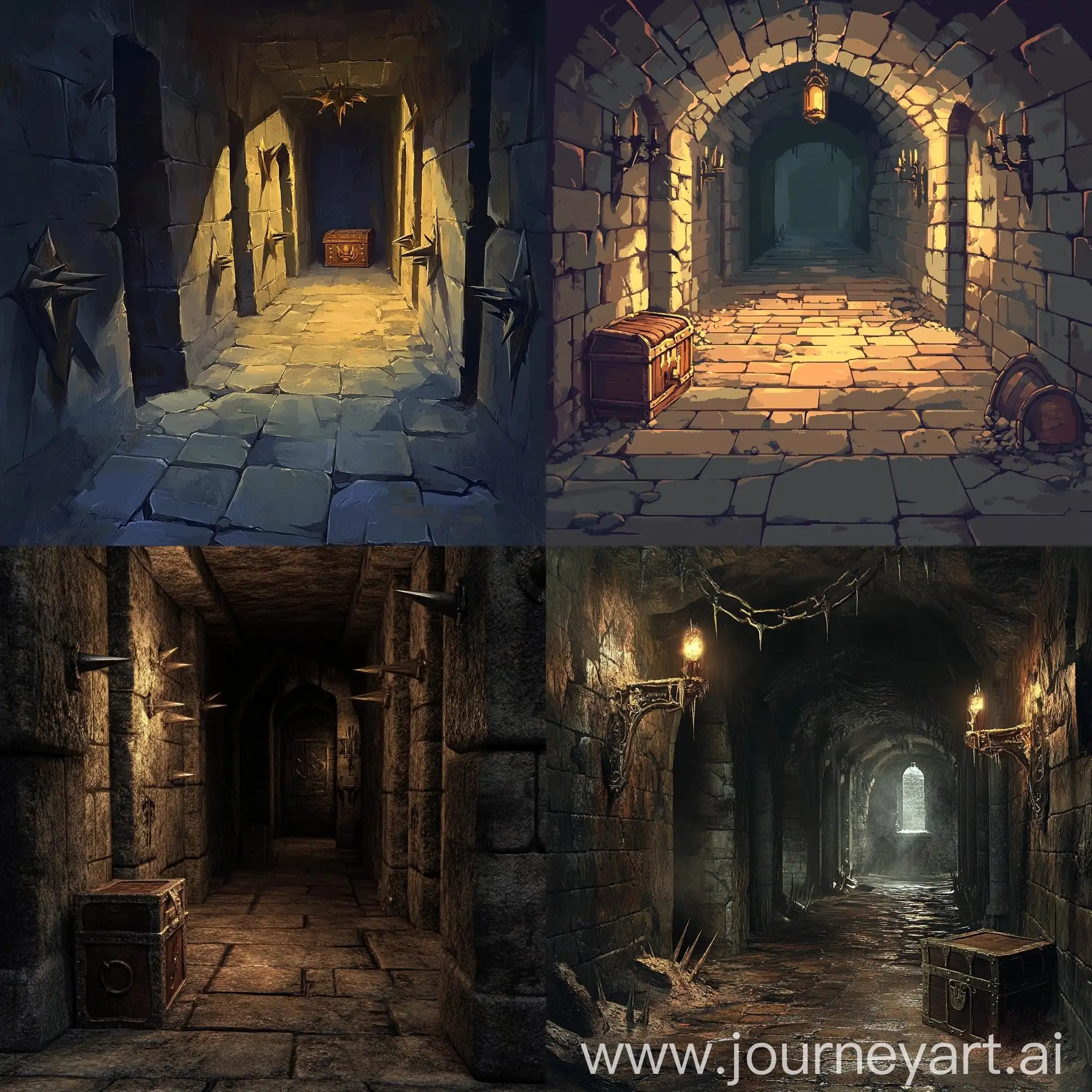 Dark-Dungeon-Hallway-with-Spikes-Leading-to-Treasure-Chest