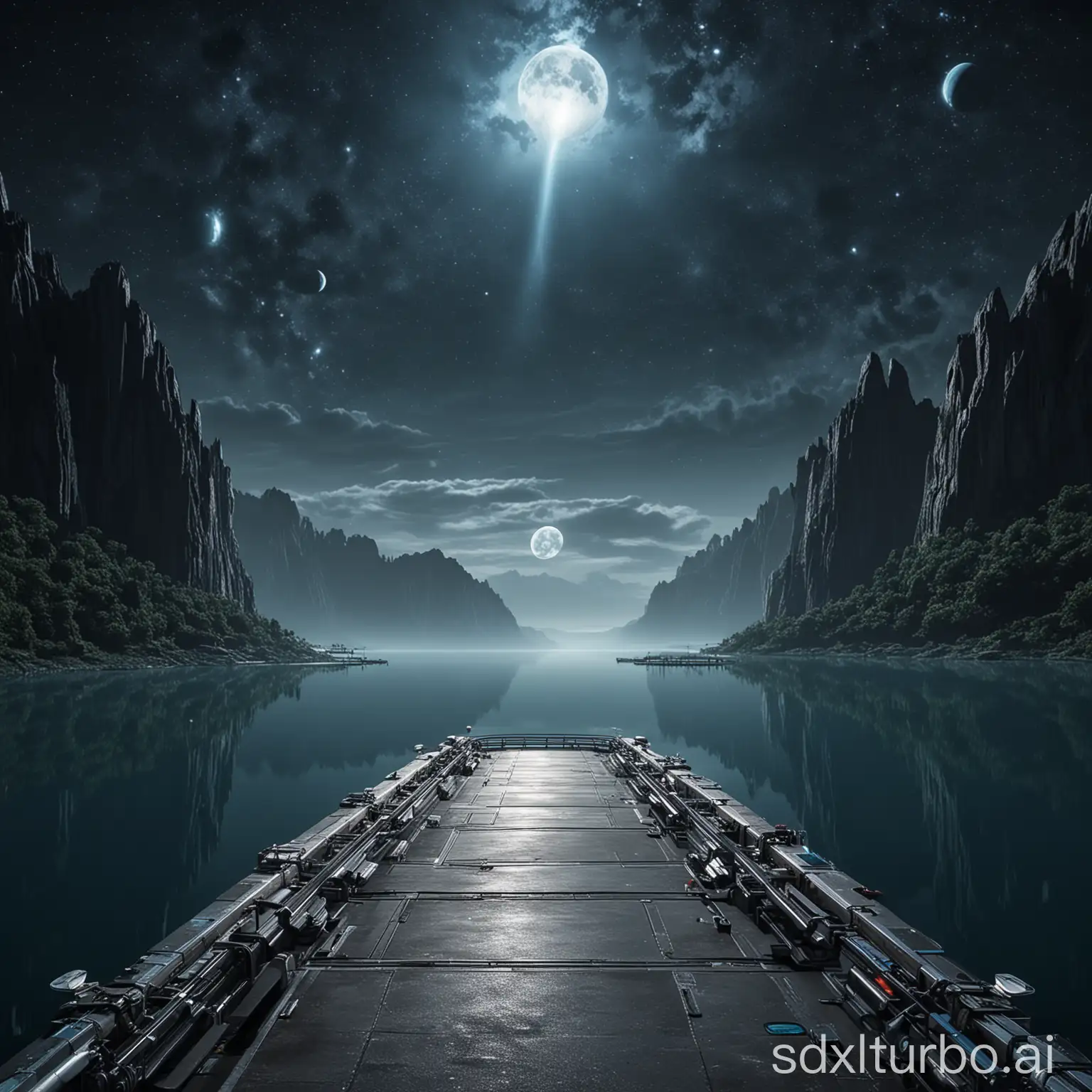 Night Futuristic platform with lake and planet view. The Platform has to be front  and heading for the planet