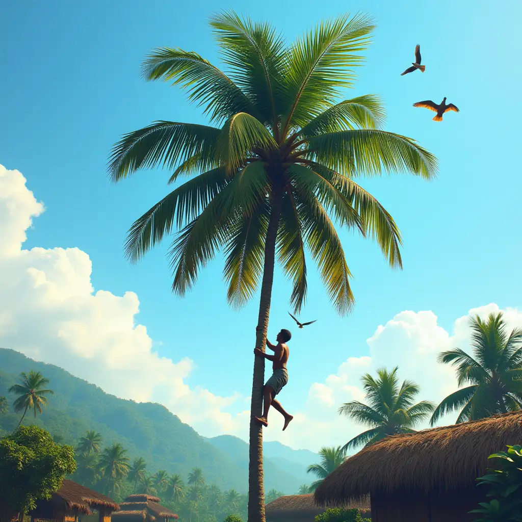 a poor man climbing coconut tree i a small village in Indonesia with birds flying above and blue sky